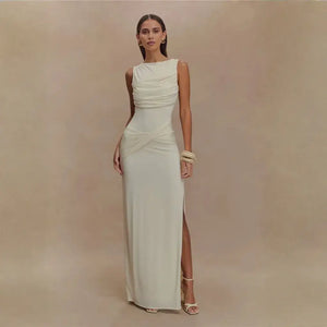 Vestido Para Réveillon Longo Branco Elegante Drapeado Fenda