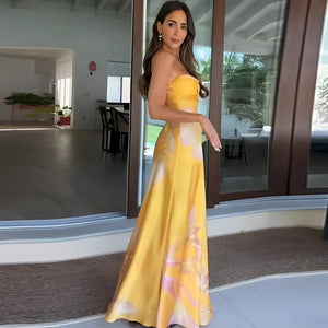 Vestido Tomara que Caia Longo Estampado Elegante Cetim