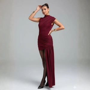 Vestido de Festa Curto Drapeado Cauda Lateral Elegante