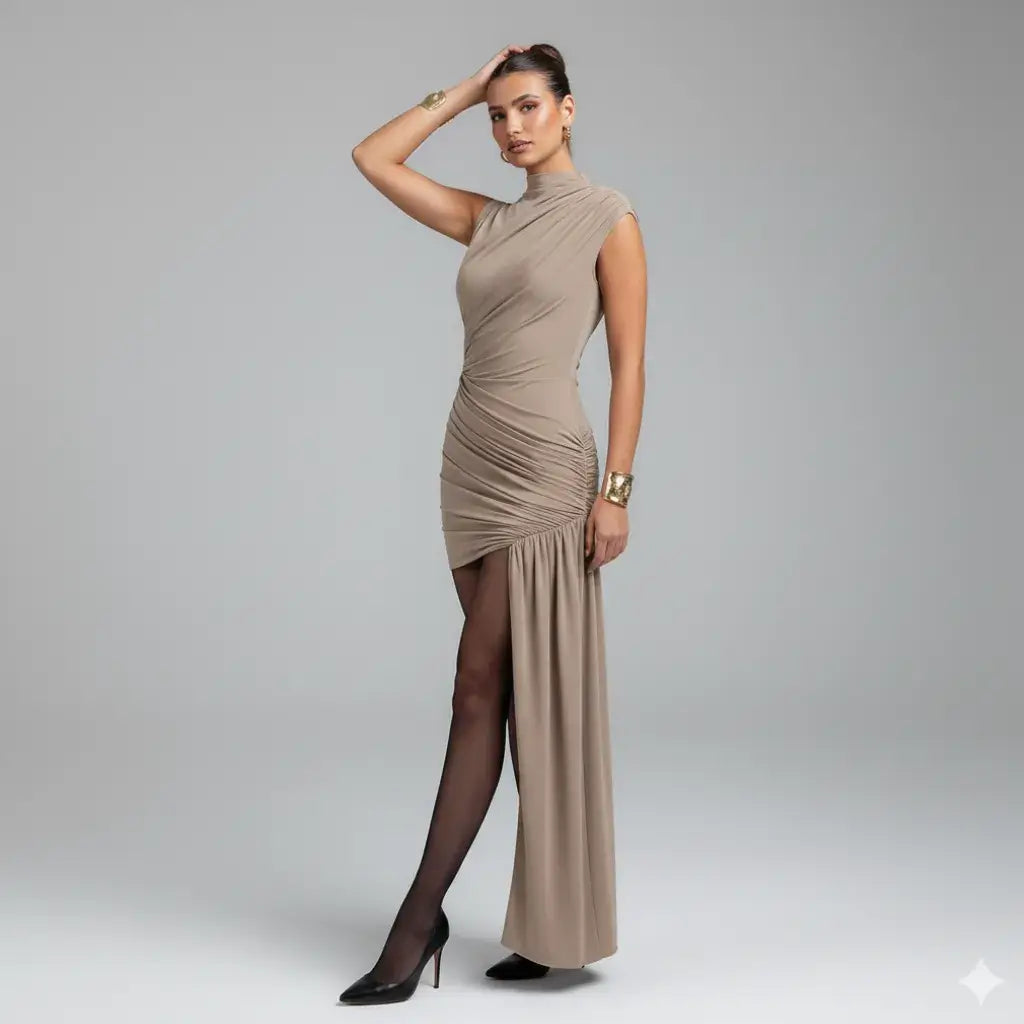 Vestido de Festa Curto Drapeado Cauda Lateral Elegante