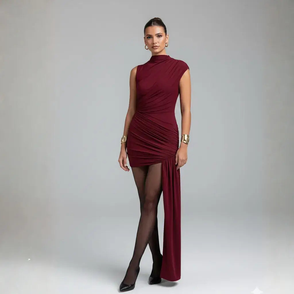 Vestido de Festa Curto Drapeado Cauda Lateral Elegante