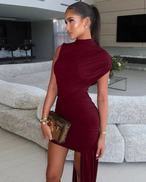 Vestido de Festa Curto Drapeado Cauda Lateral Elegante