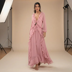 Vestido Boho Chic Longo Rosa com Babado Elegante