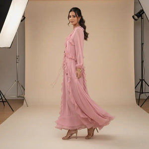 Vestido Boho Chic Longo Rosa com Babado Elegante