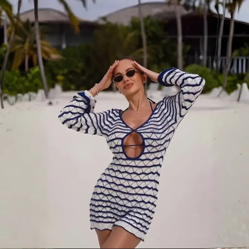 Vestido Saida de Praia Curto Elegante Listrado