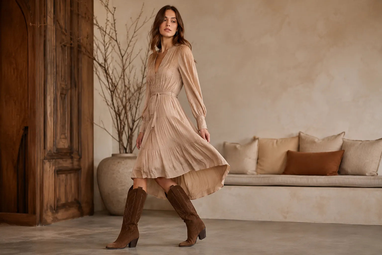 bota texana feminina marrom com vestido fluido em look de inverno elegante