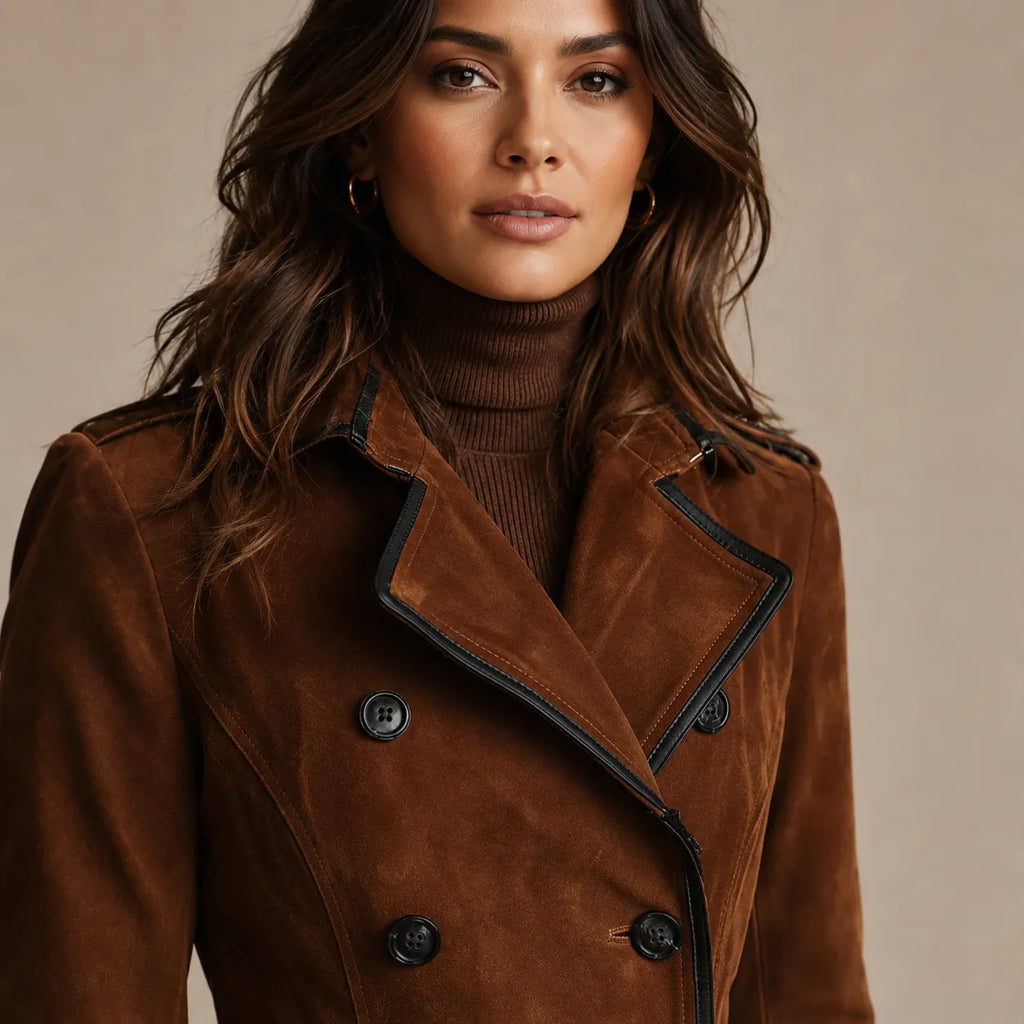 Trench Coat Feminino em Camurça Marrom com Botonadura Dupla – Chelsea