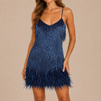 Vestido Feminino Curto de Paetê Franjas e Plumas – Anouk