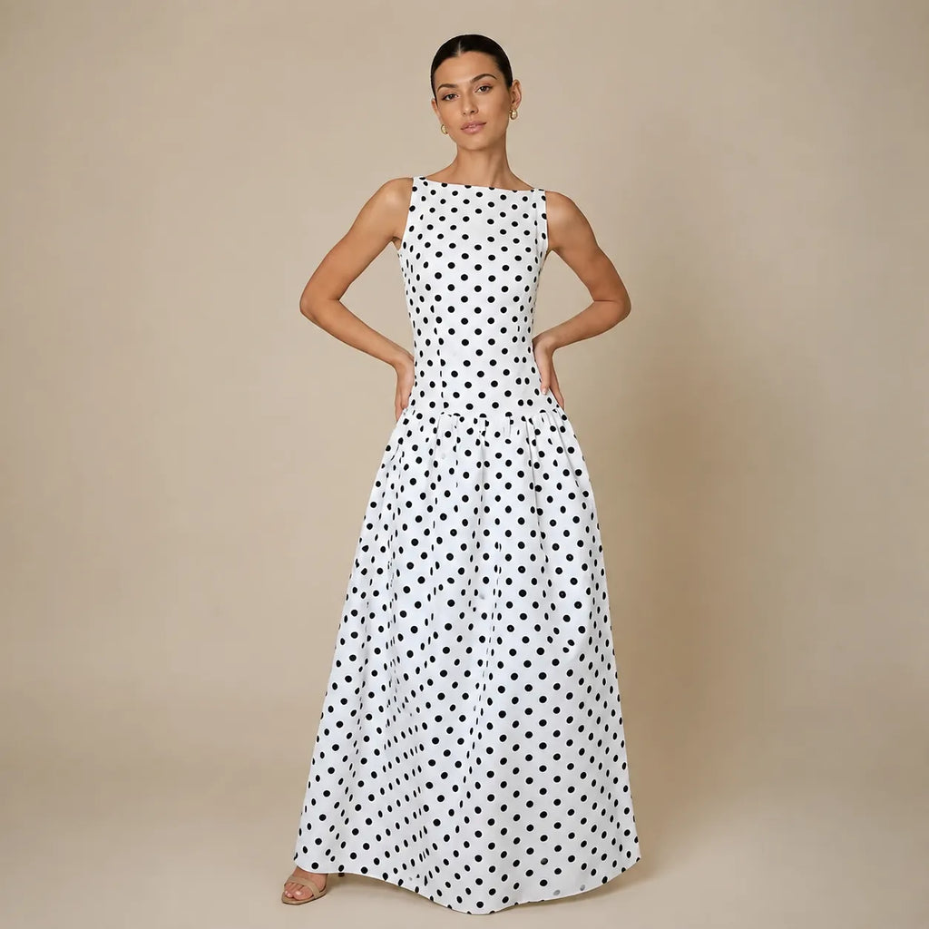 Vestido Feminino Longo Poá Preto e Branco – Camille
