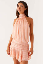 Vestido Feminino Curto Acetinado Gola Alta – Amalfi
