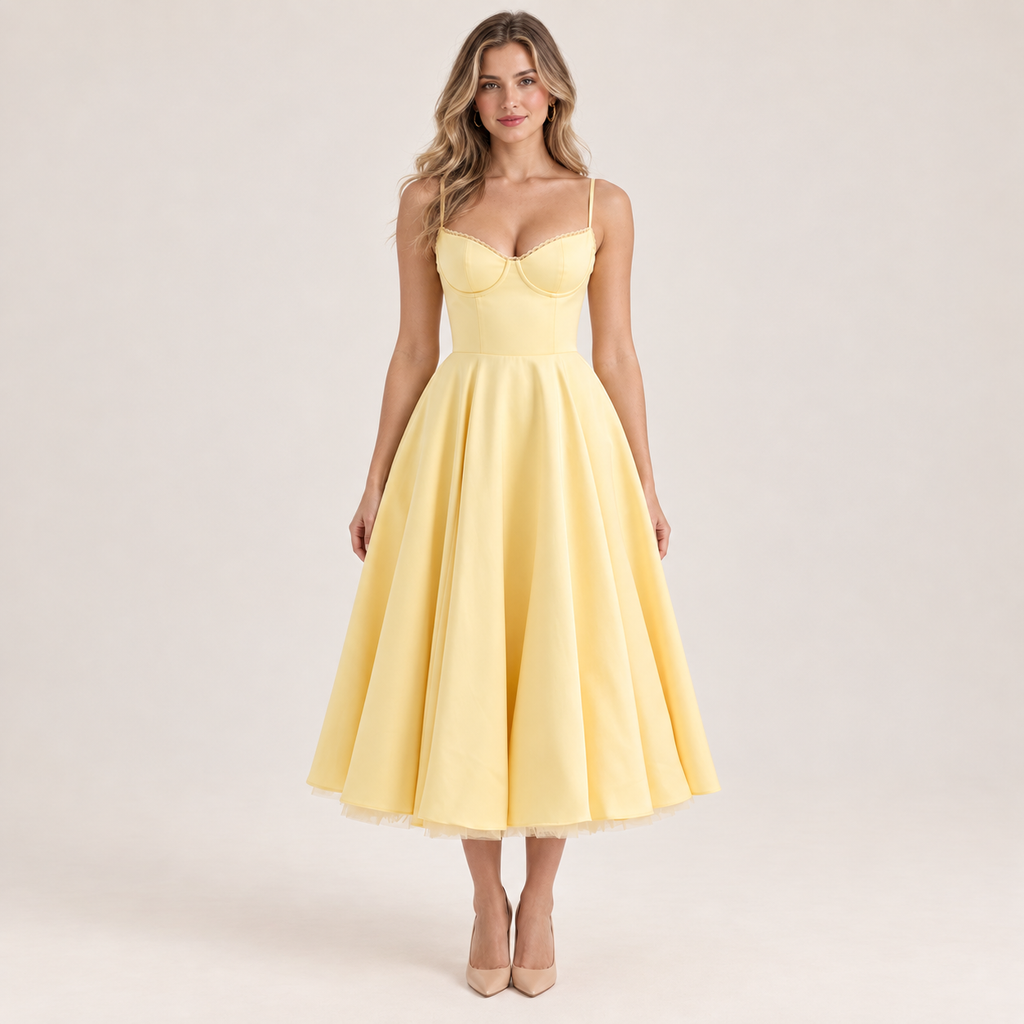 Vestido Midi Feminino Bustier em Cetim com Anágua - Perrine