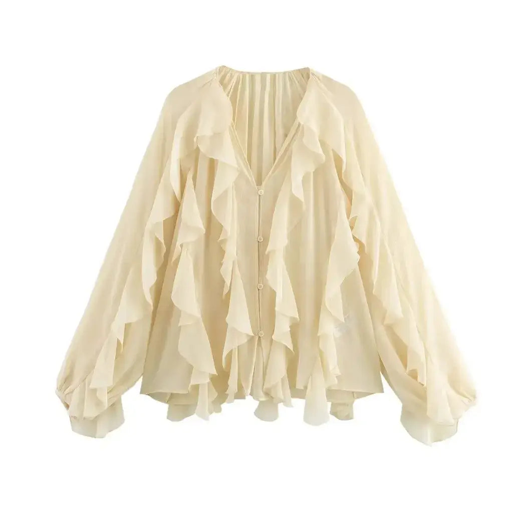 Blusa Boho Manga Longa Chiffon Babado