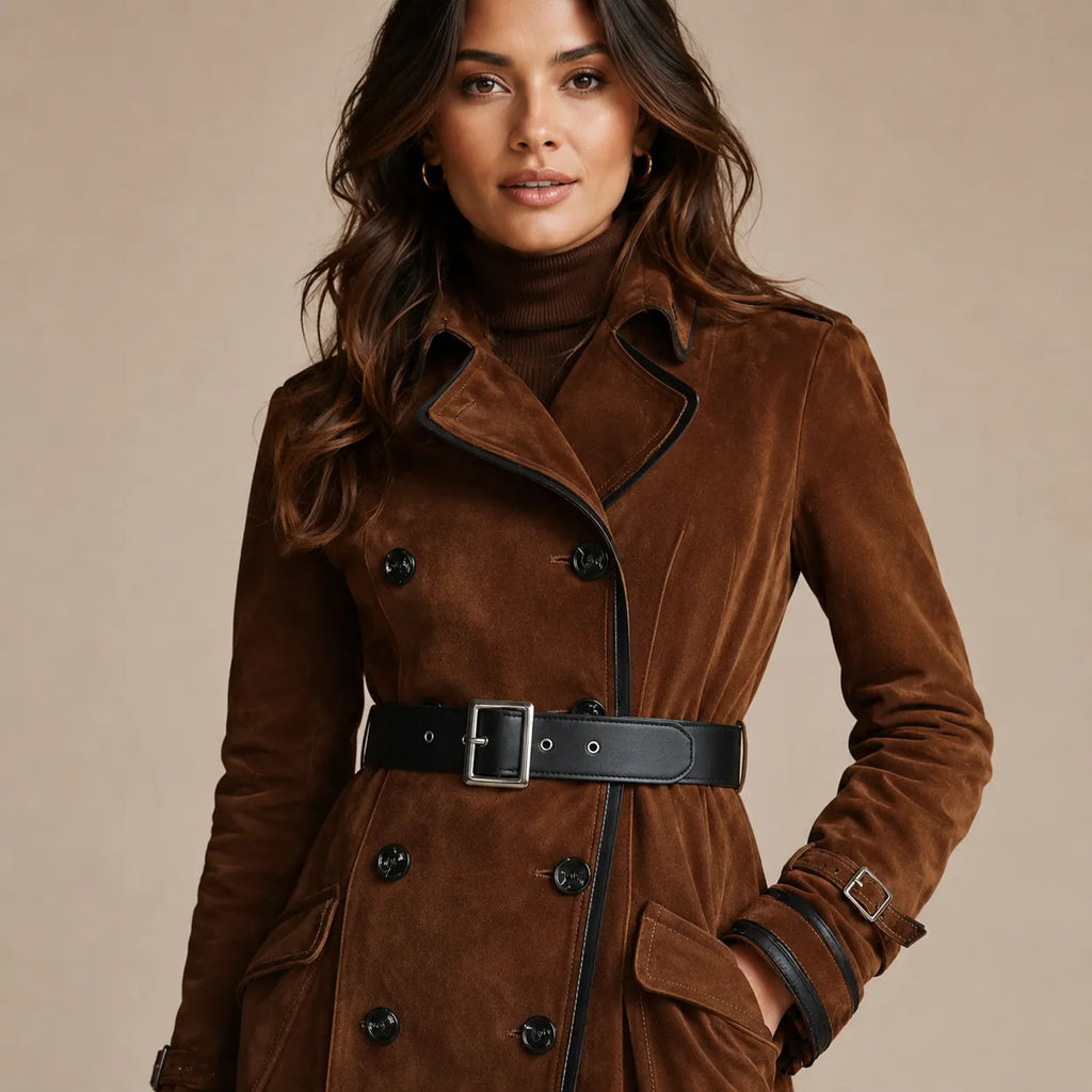 Trench Coat Feminino em Camurça Marrom com Botonadura Dupla – Chelsea