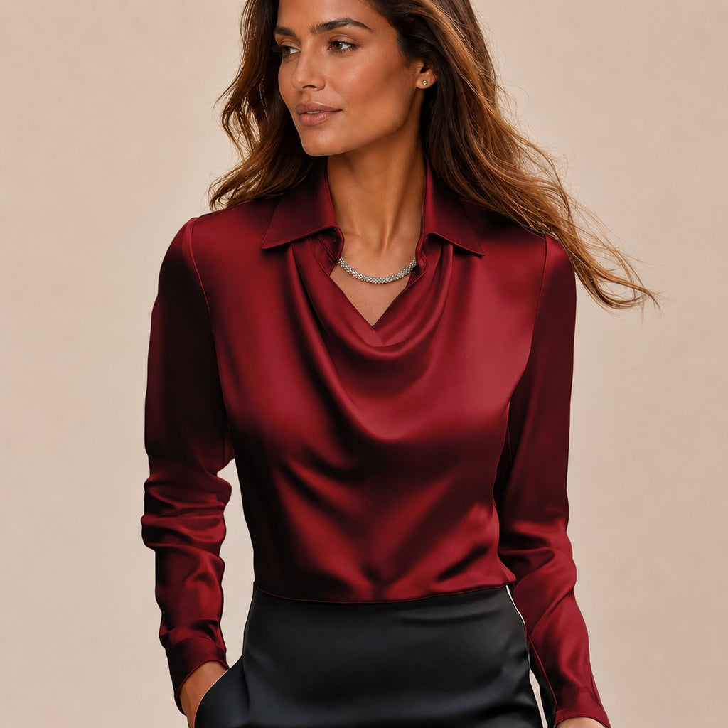 Blusa de Cetim Feminina Gola Camiseira Decote Drapeado – Odette