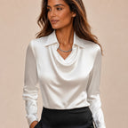 Blusa de Cetim Feminina Gola Camiseira Decote Drapeado – Odette