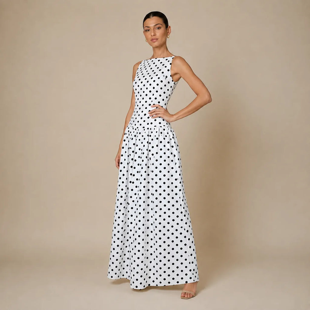 Vestido Feminino Longo Poá Preto e Branco – Camille