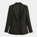 Blazer feminino acinturado de alfaiataria preto com lapela clássica, botão único e modelagem elegante estruturada.