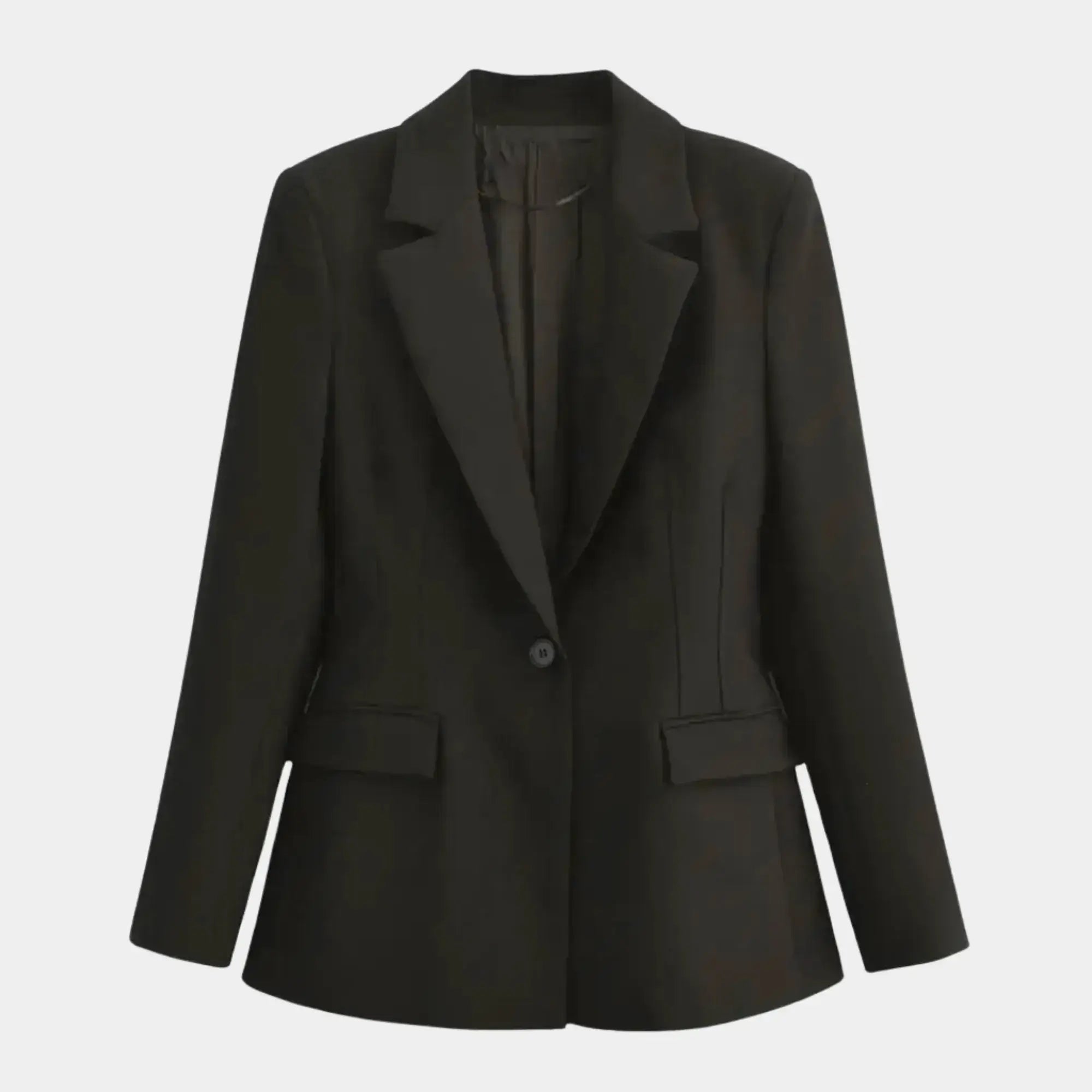 Blazer feminino acinturado de alfaiataria preto com lapela clássica, botão único e modelagem elegante estruturada.