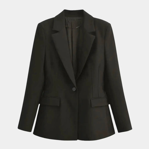 Blazer feminino acinturado de alfaiataria preto com lapela clássica, botão único e modelagem elegante estruturada.