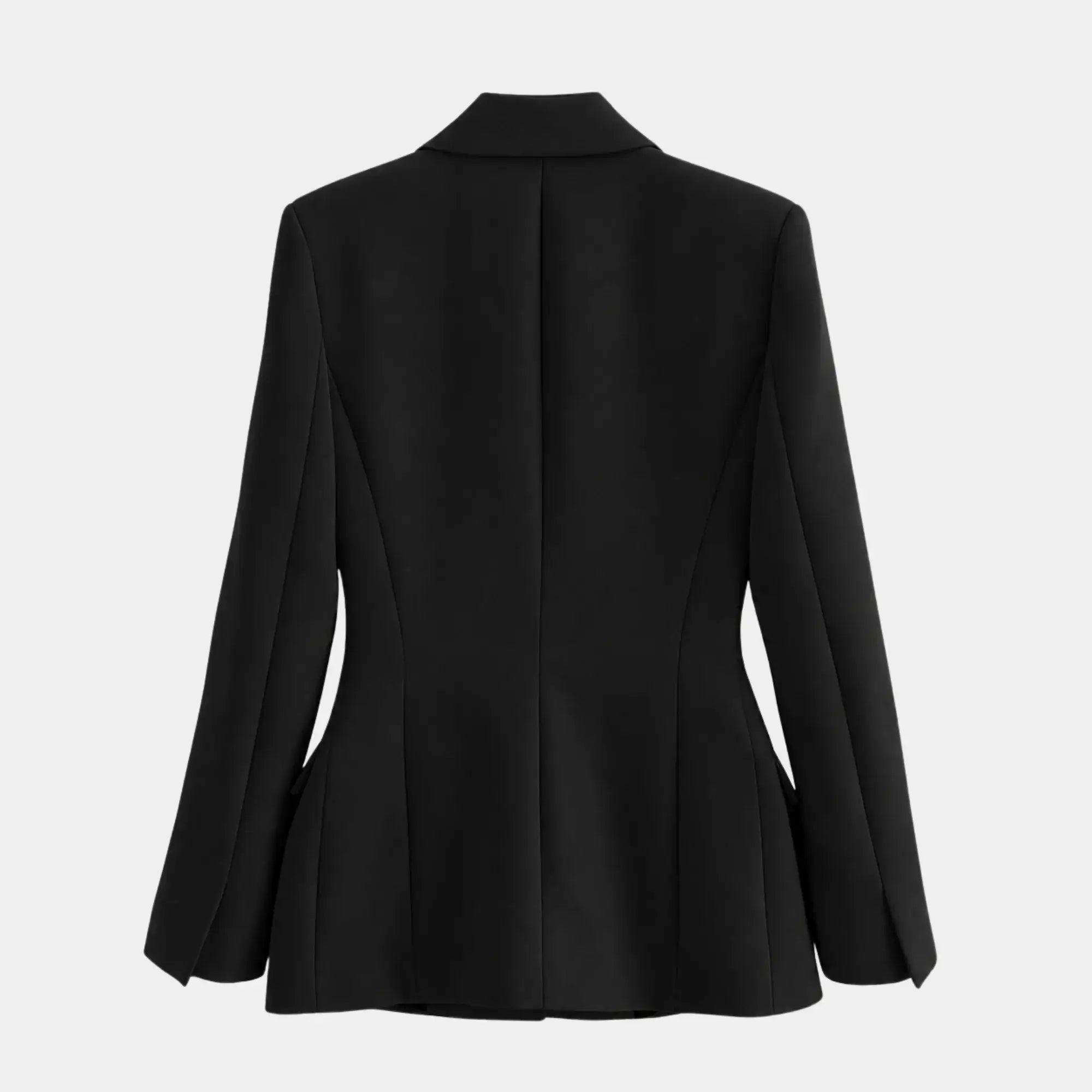 Blazer feminino de alfaiataria preto visto de costas com modelagem acinturada e recortes estruturados.