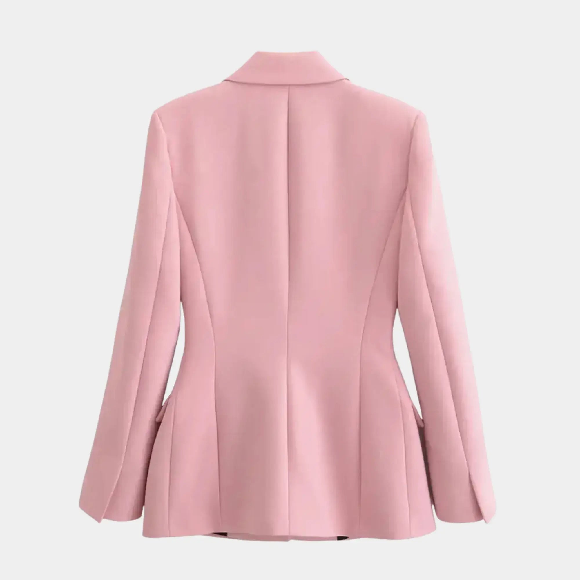 Costas do blazer feminino rosa de alfaiataria com modelagem acinturada e acabamento estruturado elegante