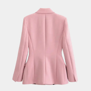 Costas do blazer feminino rosa de alfaiataria com modelagem acinturada e acabamento estruturado elegante