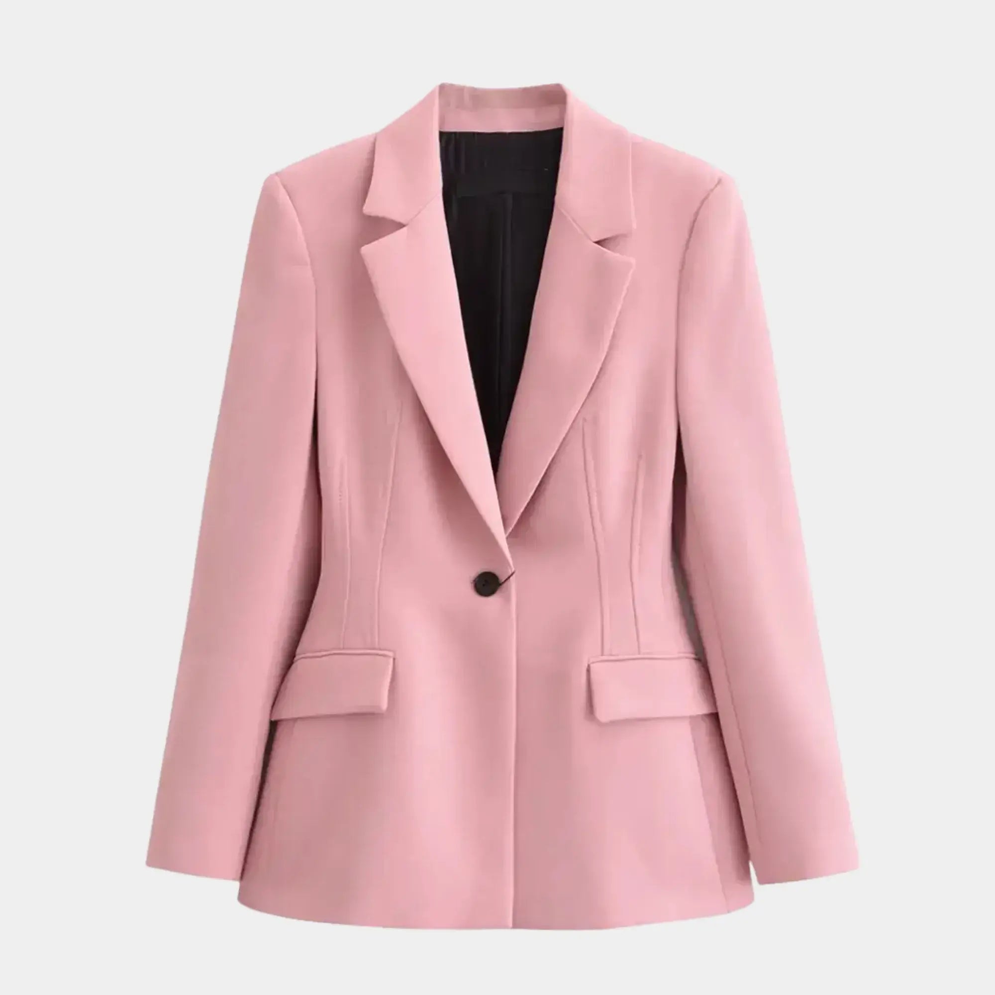 Blazer feminino rosa de alfaiataria acinturado com lapela clássica, botão único e modelagem elegante