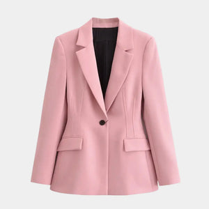 Blazer feminino rosa de alfaiataria acinturado com lapela clássica, botão único e modelagem elegante