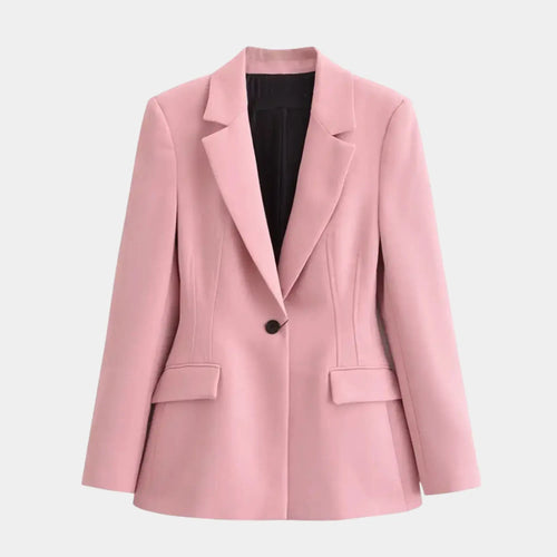 Blazer feminino rosa de alfaiataria acinturado com lapela clássica, botão único e modelagem elegante