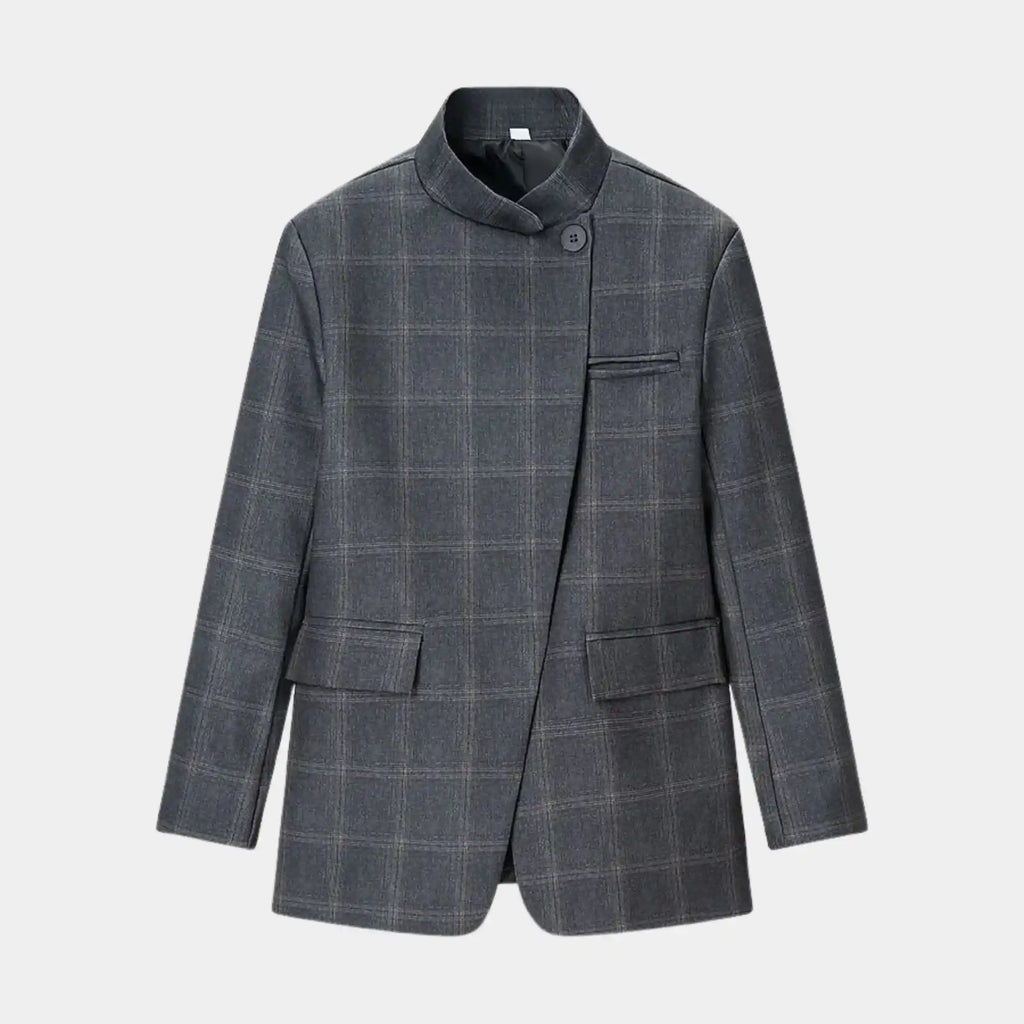 Blazer feminino xadrez cinza em look sofisticado de alfaiataria moderna0