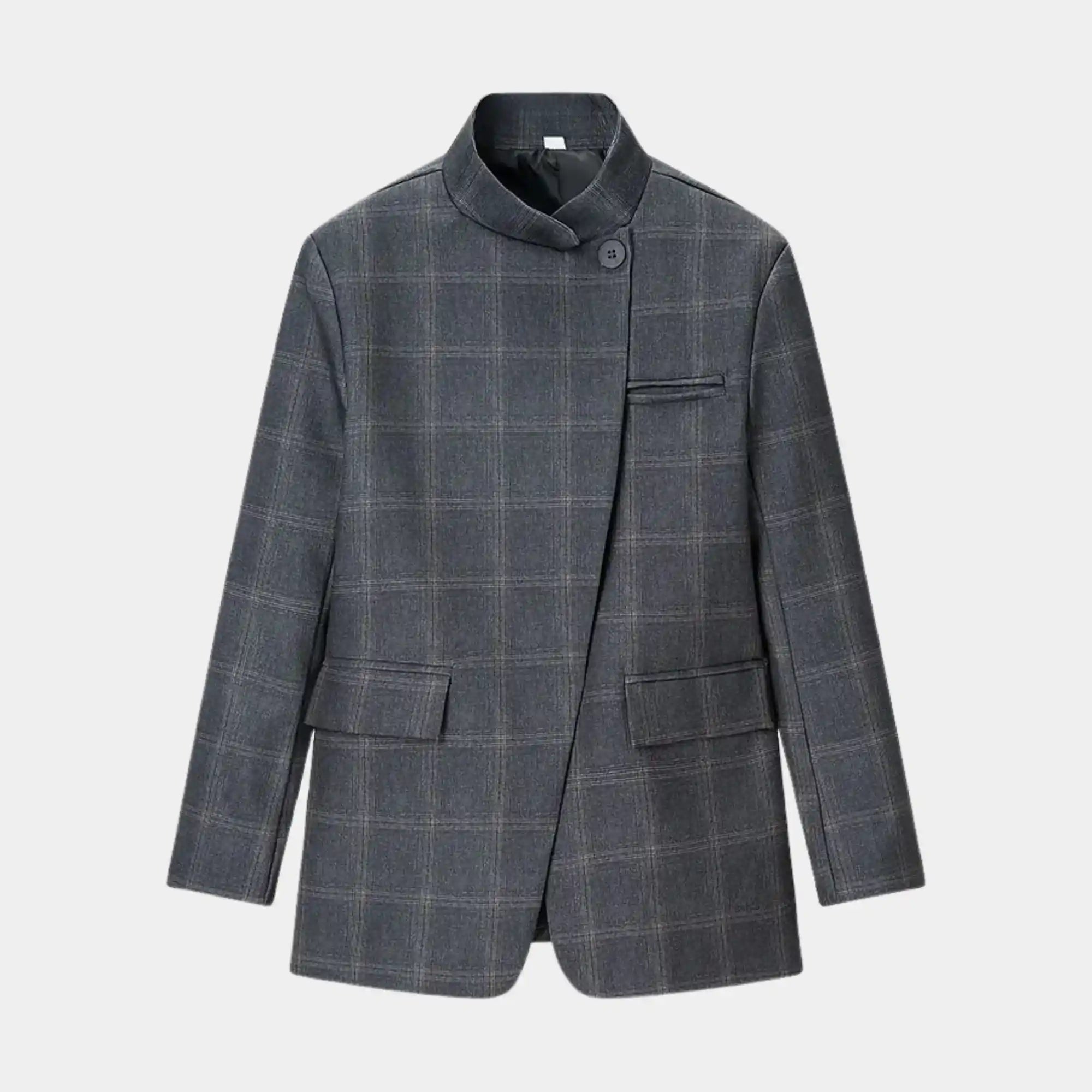 Blazer feminino xadrez cinza em look sofisticado de alfaiataria moderna0