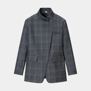 Blazer feminino xadrez cinza em look sofisticado de alfaiataria moderna0