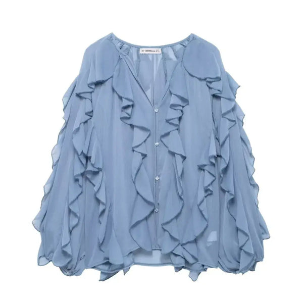 Blusa Boho Babado Azul Aurora