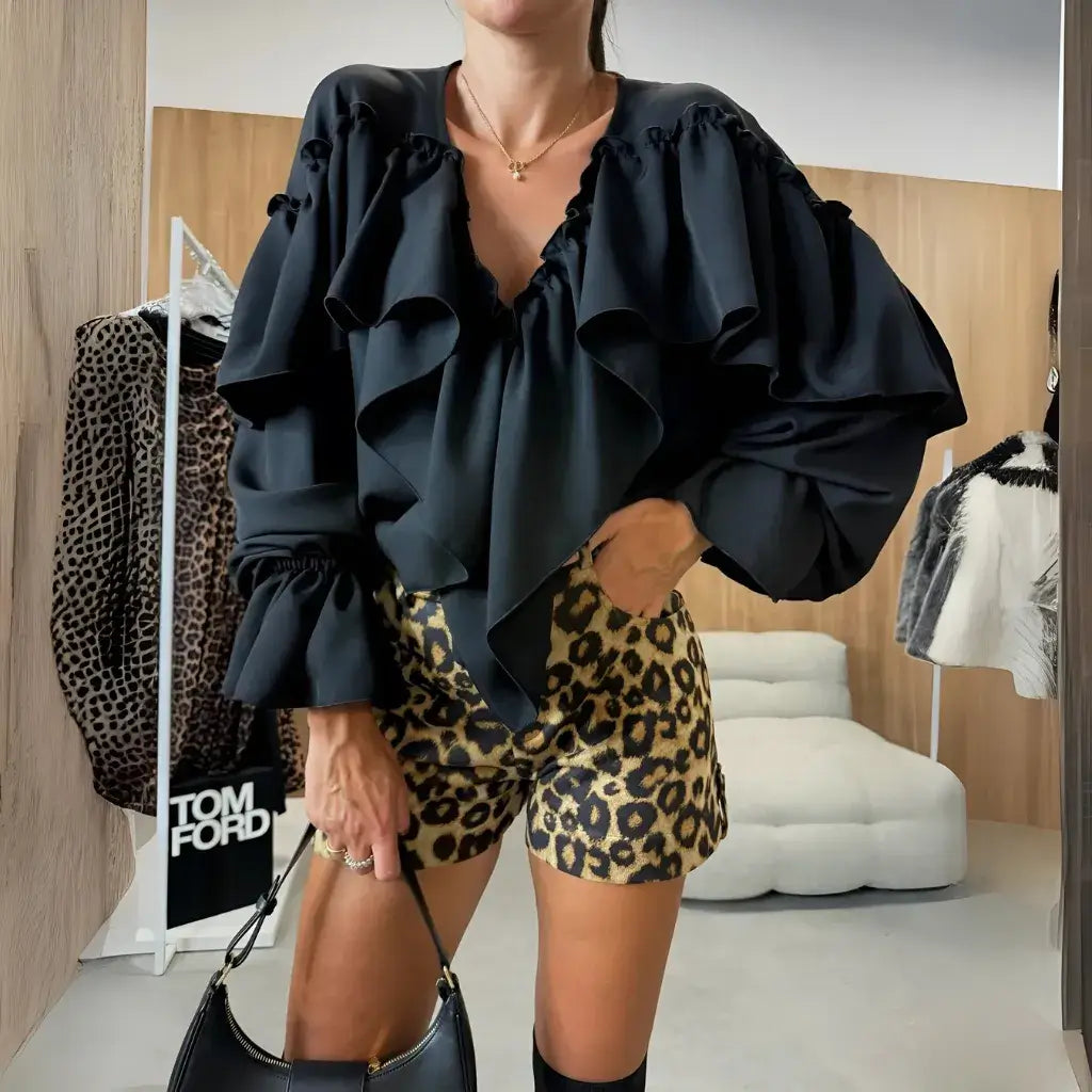 Blusa Boho Decote em V com Babado Manga Longa