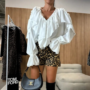 Blusa Boho Decote em V com Babado Manga Longa