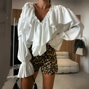 Blusa Boho Decote em V com Babado Manga Longa