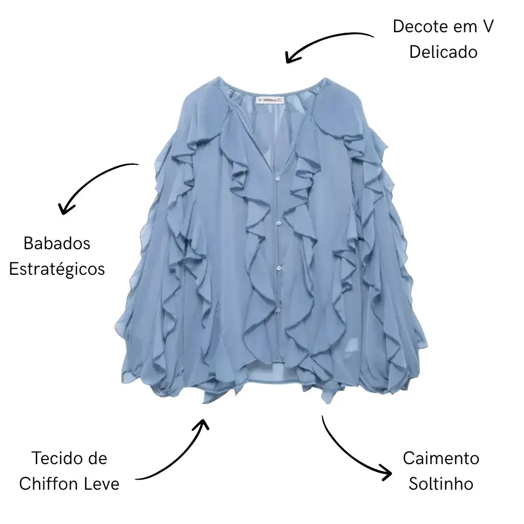 Blusa Boho Manga Longa Chiffon Babado