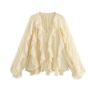 Blusa Boho Manga Longa Chiffon Babado