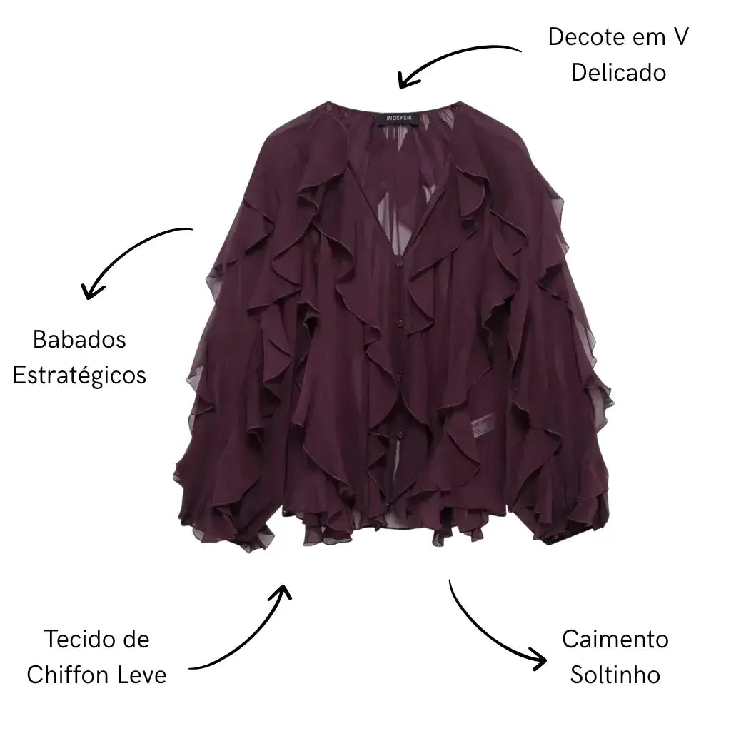 Blusa Boho Manga Longa Chiffon Babado