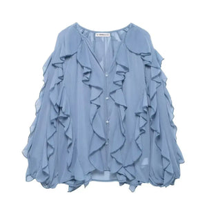 Blusa Boho Manga Longa Chiffon Babado