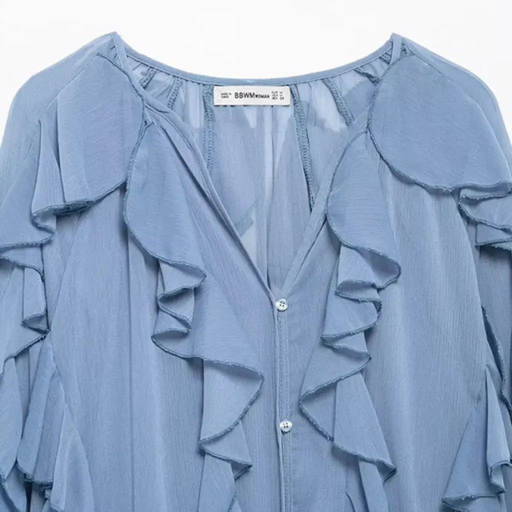 Blusa Boho Manga Longa Chiffon Babado