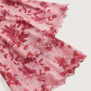 Blusa Cropped Tule Feminino Estampa Rosa Manga Longa