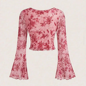 Blusa Cropped Tule Feminino Estampa Rosa Manga Longa