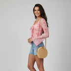 Blusa Cropped Tule Feminino Estampa Rosa Manga Longa