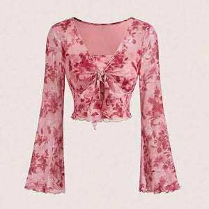 Blusa Cropped Tule Feminino Estampa Rosa Manga Longa