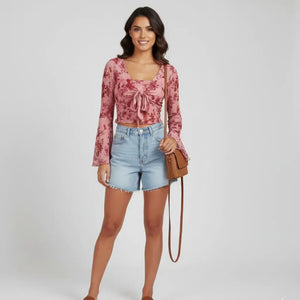 Blusa Cropped Tule Feminino Estampa Rosa Manga Longa