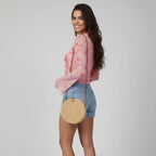 Blusa Cropped Tule Feminino Estampa Rosa Manga Longa