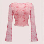 Blusa Cropped Tule Feminino Estampa Rosa Manga Longa