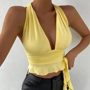 Blusa Frente Única Cropped Amarelo Manteiga Decote em V
