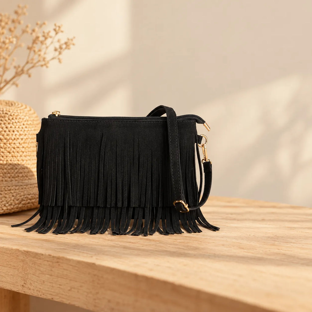 Bolsa Transversal Feminina Pequena Camurça Franjas Boho Caramelo Preta